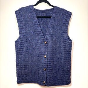Hand Knit Sweater Vest Cardigan Women L Purple Chunky Bobbles Cottage Grandma